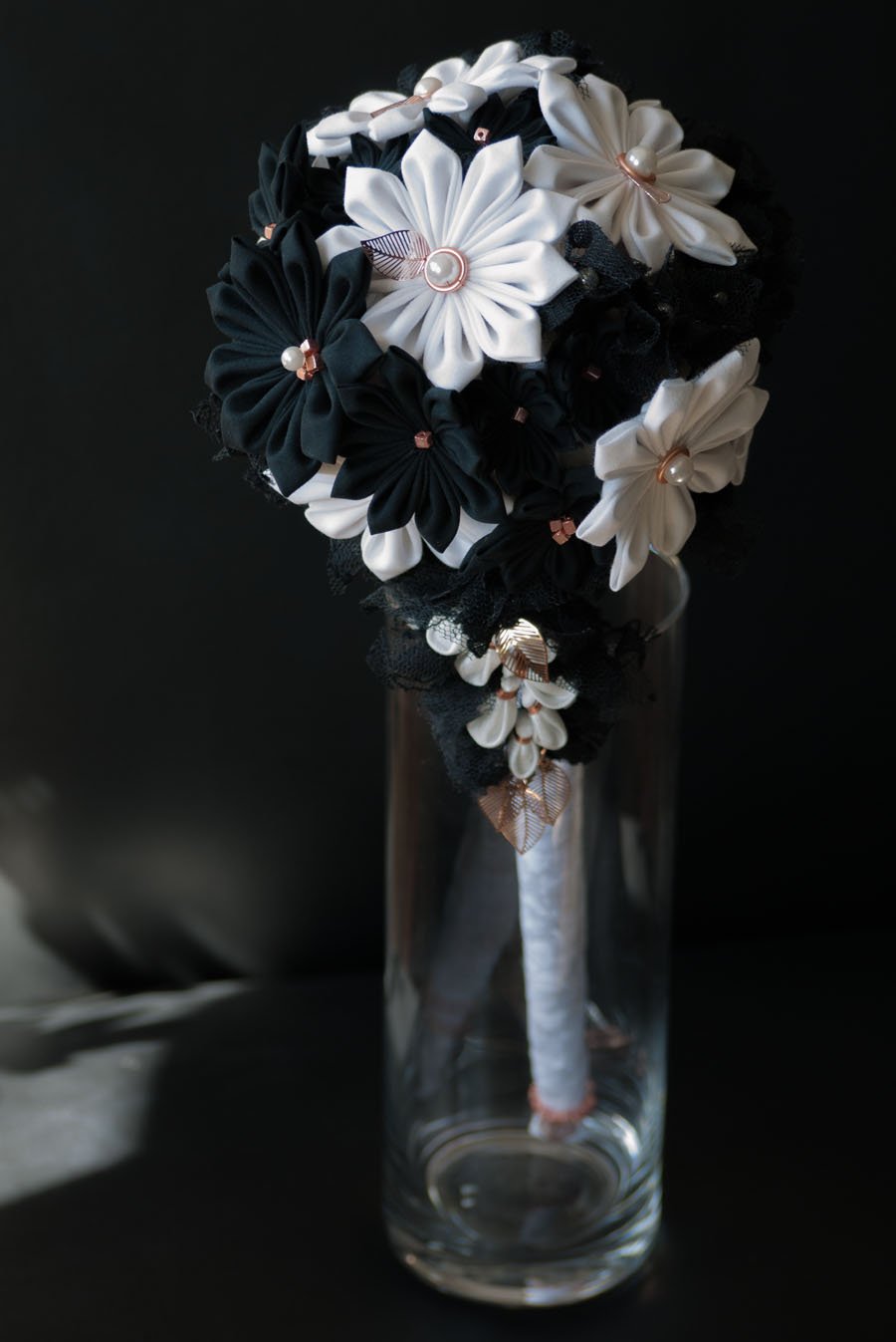 Bridal bouquet with Japanese textile flowers in black and white.