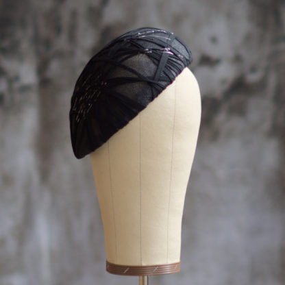 Black Beret from Sinamay with Crossed Pattern and Silver Threads