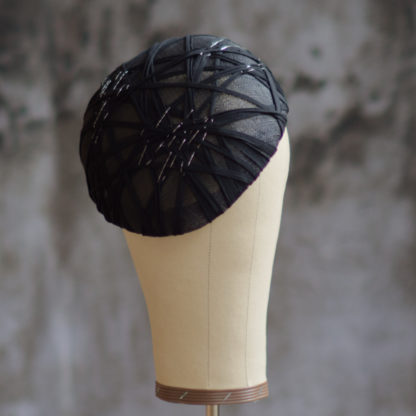 Black Beret from Sinamay with Crossed Pattern and Silver Threads