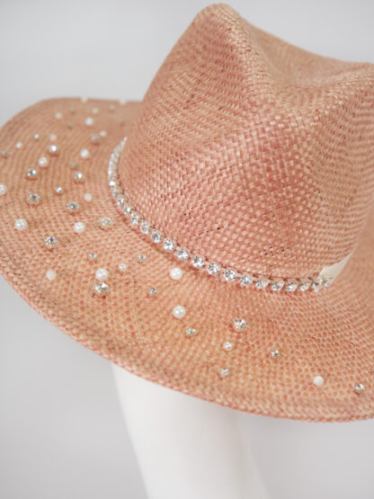 Strass und Perlenbesetzter Fedora aus Ramie